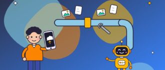 Парень с телефоном удивлённо смотрит на экран с облаком загрузки, рядом робот-механик чинит трубу, по которой летят фотографии и документы