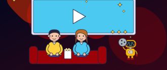 Парень и девушка на диване с попкорном смотрят на большой экран, робот рядом держит катушку плёнки и звёздочки рейтинга