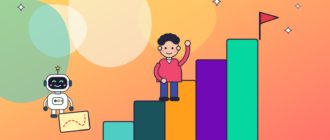 Молодой человек поднимается по лестнице из ярких блоков к флажку на вершине, робот снизу держит карту маршрута