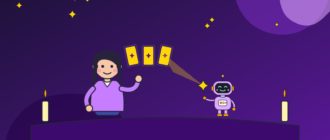 Девушка при свечах держит три карты с узорами, а маленький робот с фонариком-звездой рассматривает их вместе с ней