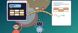 Офисный работник переносит светящиеся таблицы и формулы из окна чата в документ, робот держит мост между двумя экранами