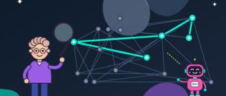 Исследователь с лупой стоит над огромной картой интернета из светящихся ссылок, робот-навигатор подсвечивает нужный путь