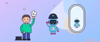 Мужчина надевает на робота разные шапки — повара, капитана и учёного, робот довольно улыбается перед зеркалом