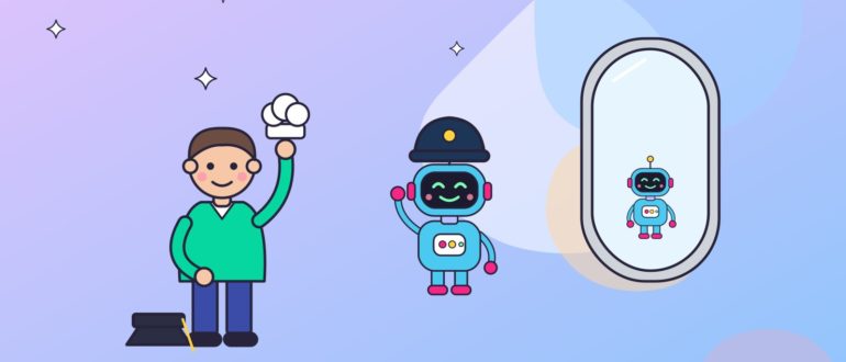 Мужчина надевает на робота разные шапки — повара, капитана и учёного, робот довольно улыбается перед зеркалом